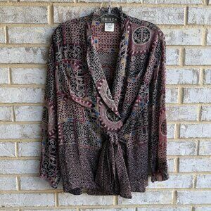 CRISCA Vintage Long Sleeve V-Neck Tie Waist Printed Blouse Women's Size 42 (L)